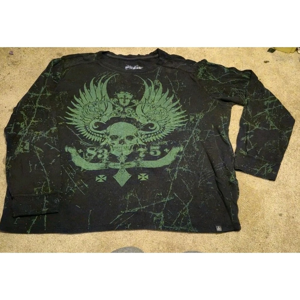 Skull Wings Graphic Long Sleeve Shirt | Adult XXL | Black & Green